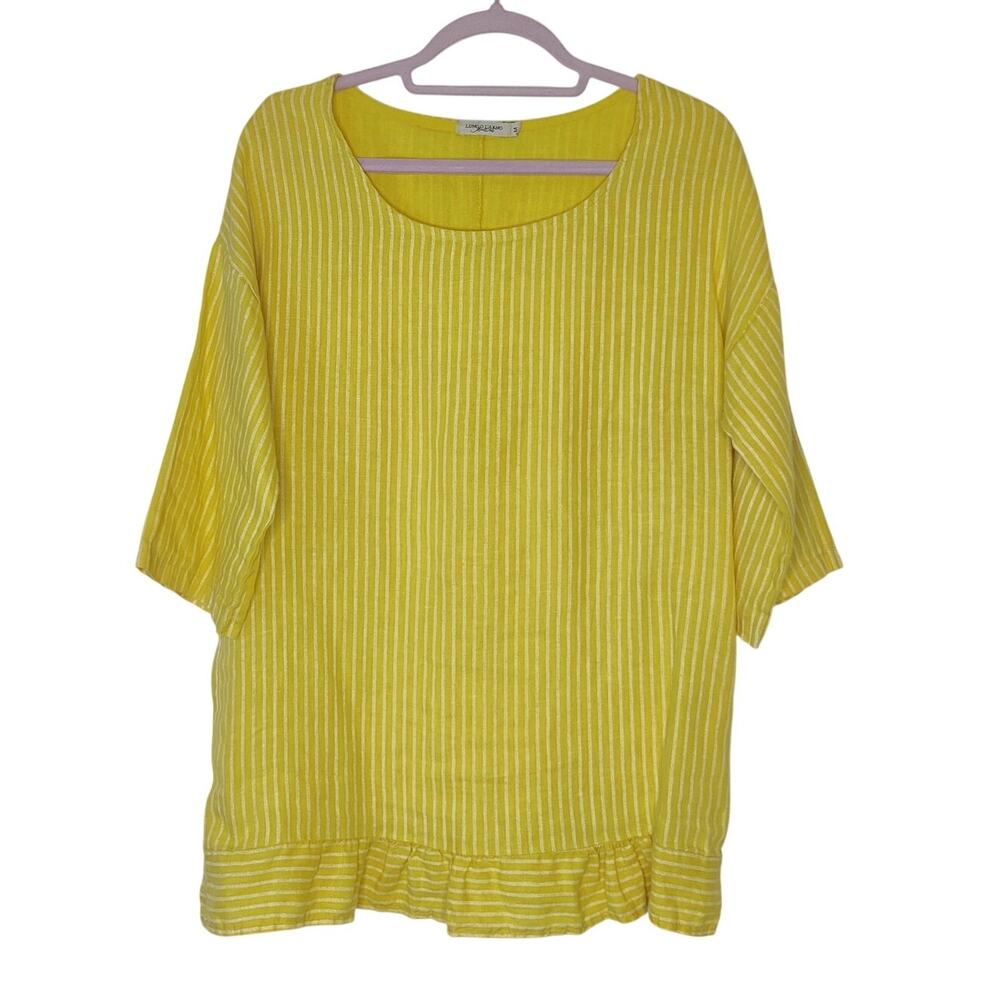 Made in Italy Yellow Stripe Linen Medium Top Lungo L'arno Artsy Ruffle Lagenlook
